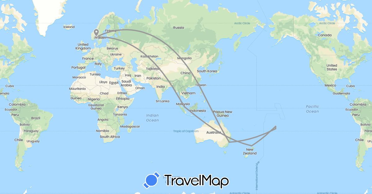 TravelMap itinerary: driving, plane in Australia, Cook Islands, Norway, New Zealand, Singapore (Asia, Europe, Oceania)